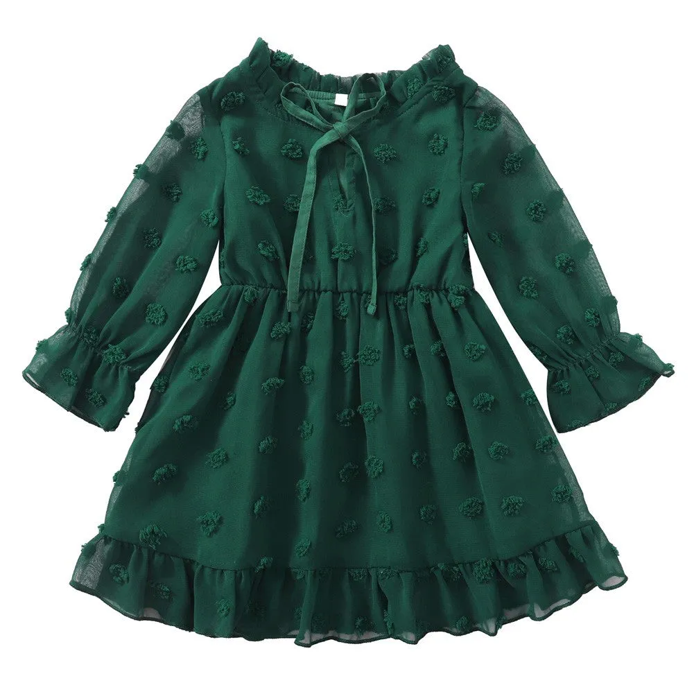 Maacie Baby Girl Dresses Swiss Dot GreenFlared Sleeve Elastic Waist Ruffle Dresses