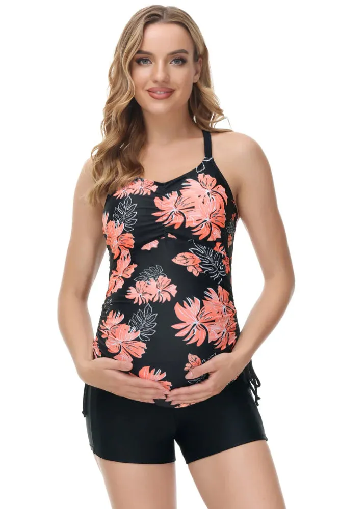 Maacie Maternity Athletic Tankini Swimsuits Two Piece Black Floral Print Ruched Tops with Shorts