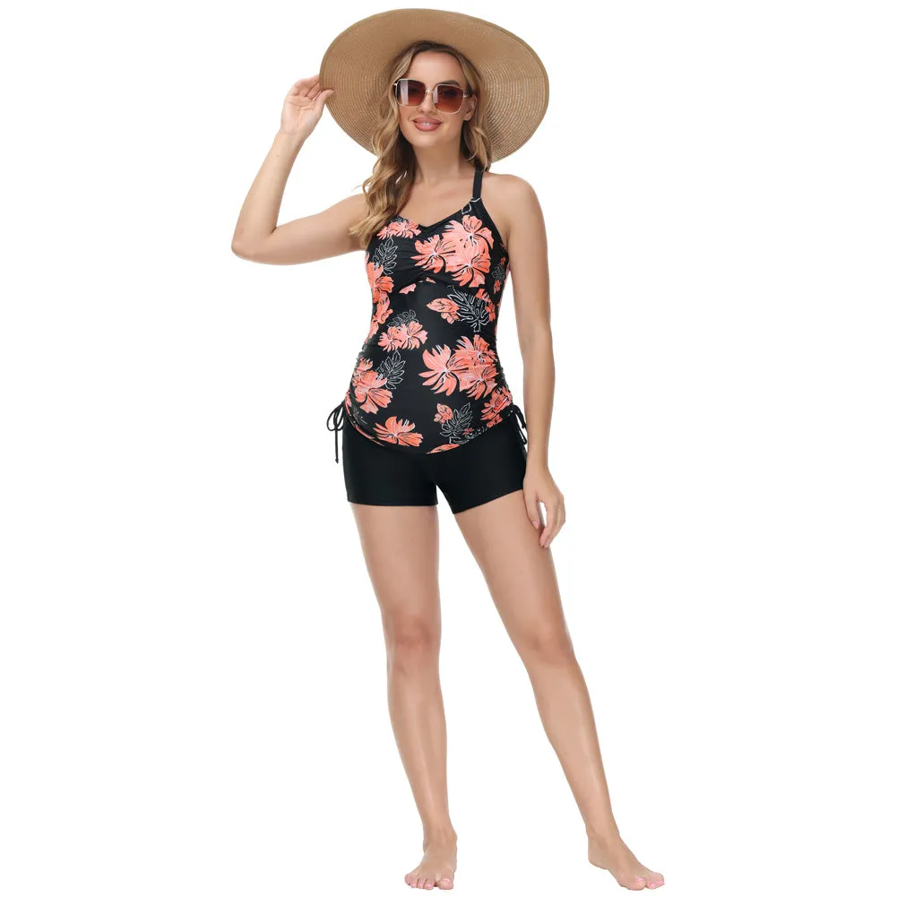 Maacie Maternity Athletic Tankini Swimsuits Two Piece Black Floral Print Ruched Tops with Shorts