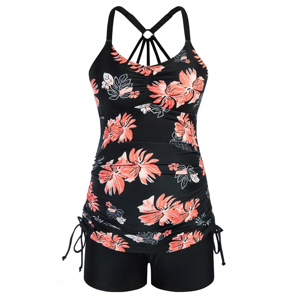 Maacie Maternity Athletic Tankini Swimsuits Two Piece Black Floral Print Ruched Tops with Shorts