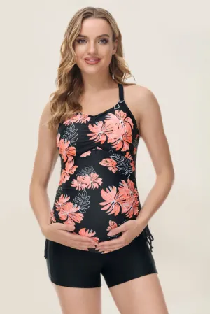 Maacie Maternity Athletic Tankini Swimsuits Two Piece Black Floral Print Ruched Tops with Shorts