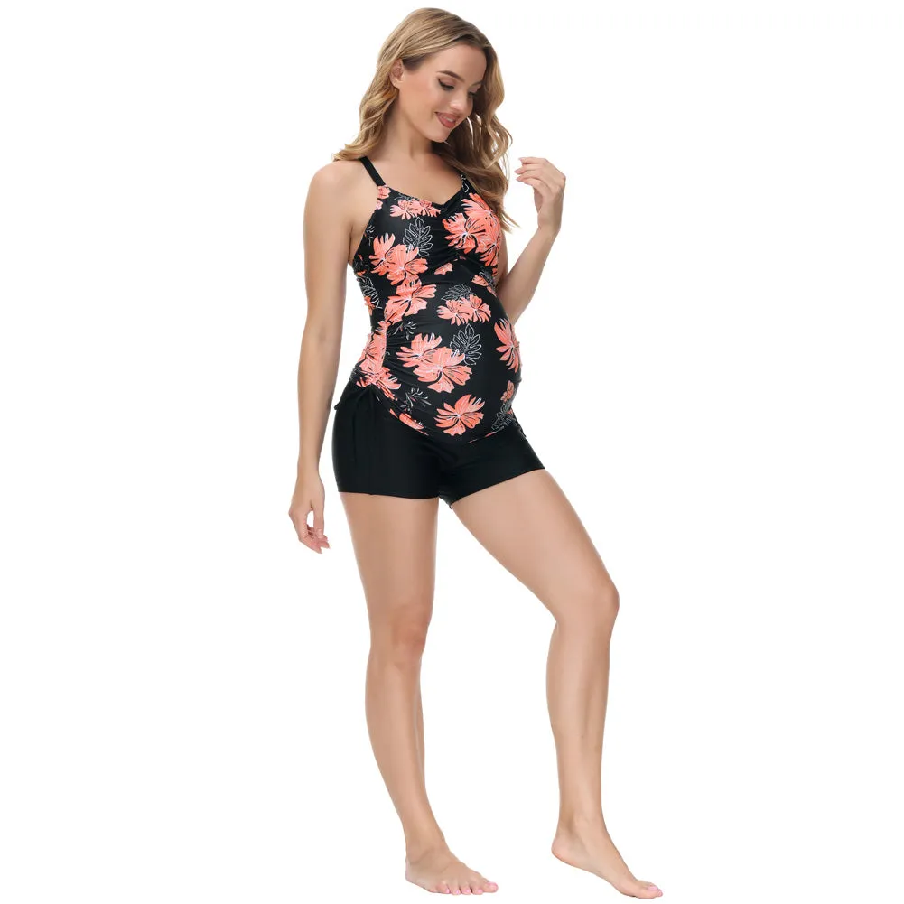 Maacie Maternity Athletic Tankini Swimsuits Two Piece Black Floral Print Ruched Tops with Shorts