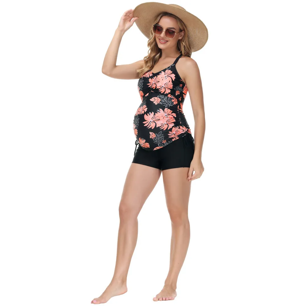 Maacie Maternity Athletic Tankini Swimsuits Two Piece Black Floral Print Ruched Tops with Shorts