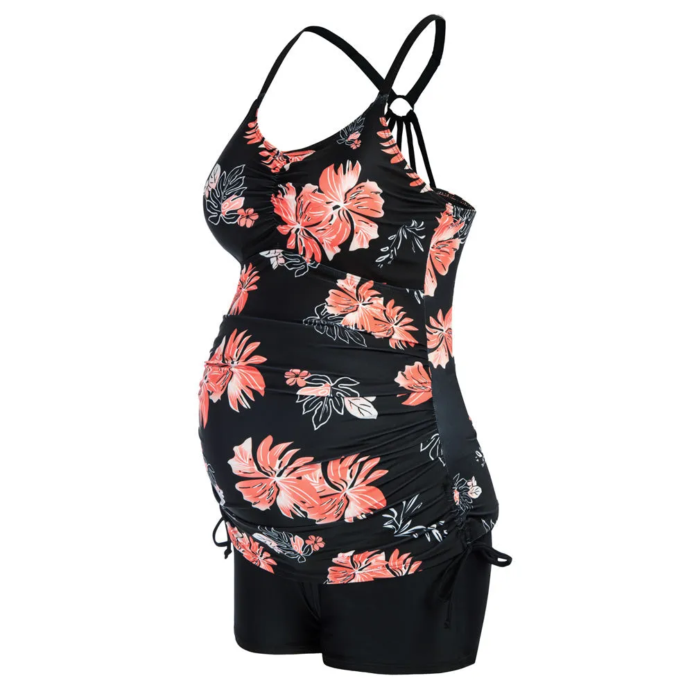 Maacie Maternity Athletic Tankini Swimsuits Two Piece Black Floral Print Ruched Tops with Shorts