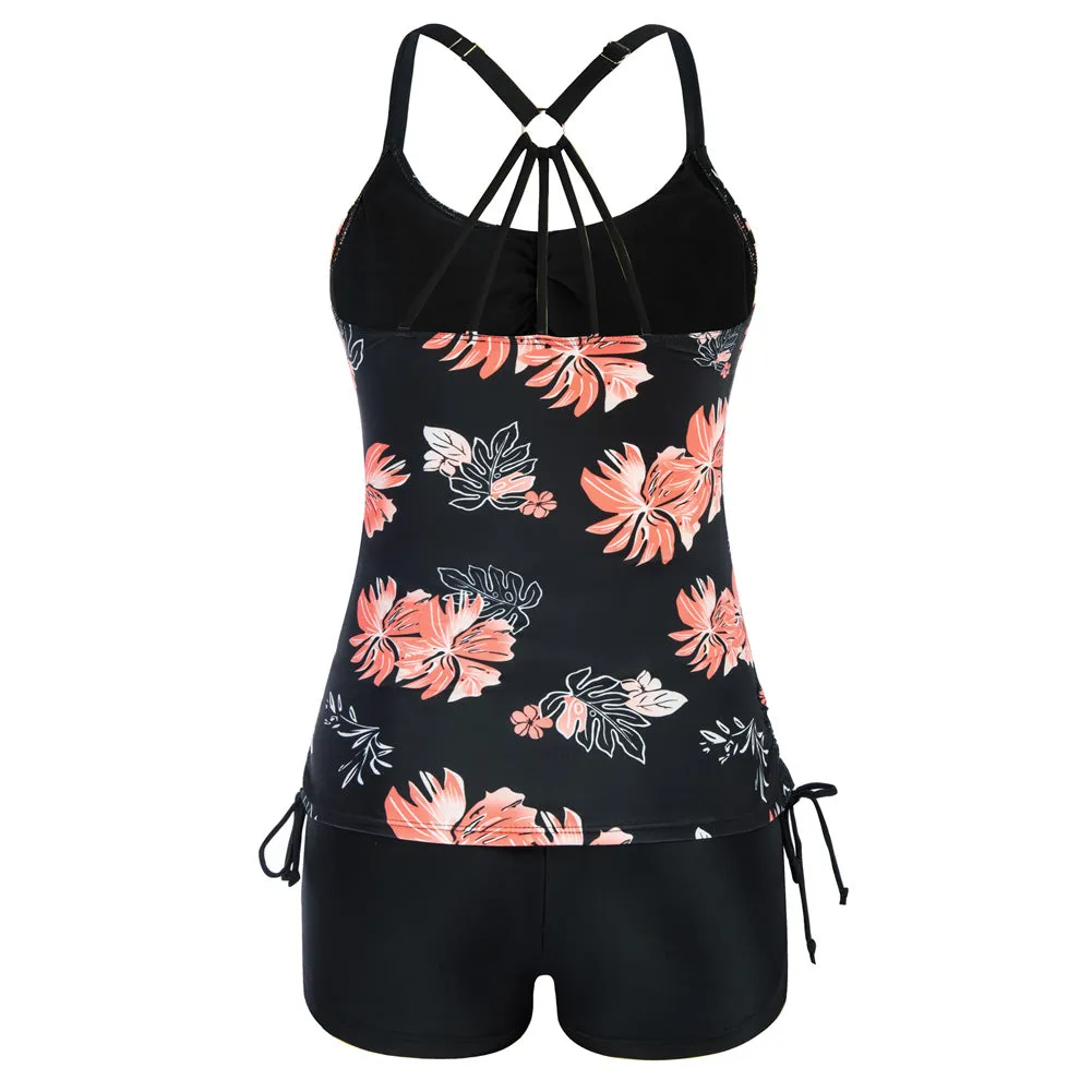 Maacie Maternity Athletic Tankini Swimsuits Two Piece Black Floral Print Ruched Tops with Shorts