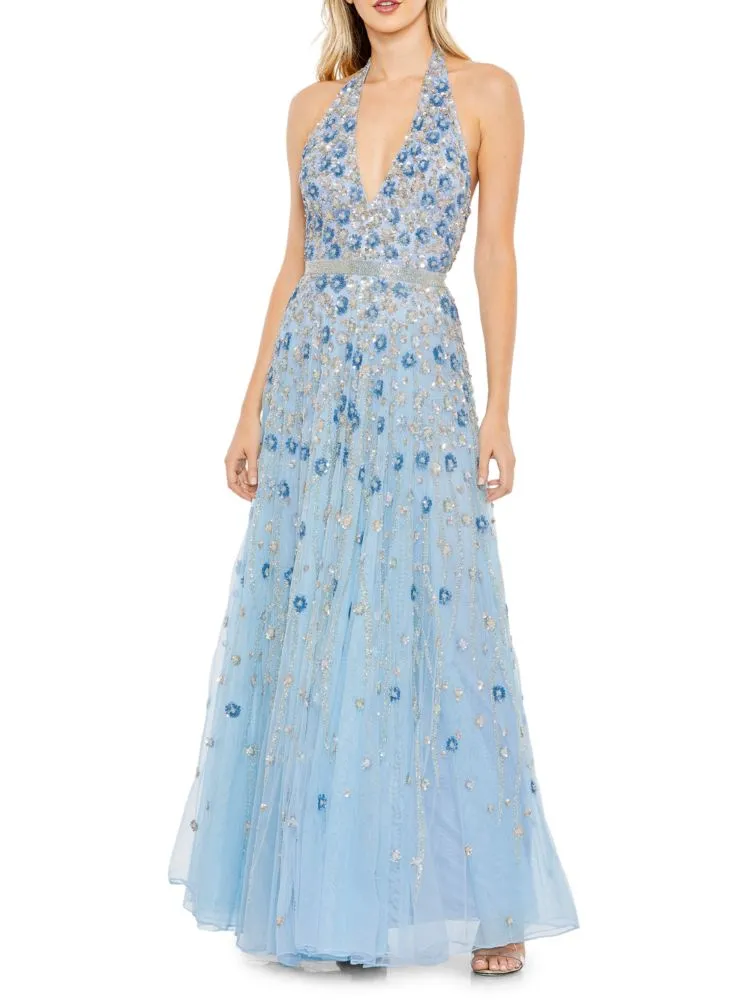 Mac Duggal Sequin Floral A-Line Dress in Powder Blue