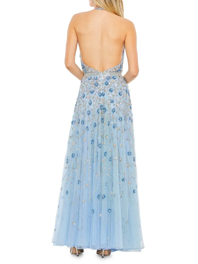 Mac Duggal Sequin Floral A-Line Dress in Powder Blue