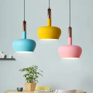 Macaron Metallic Down Lighting Pendant - Apple-Shaped 1-Light Ceiling Hang Light in Pink/Blue/Yellow with Handle