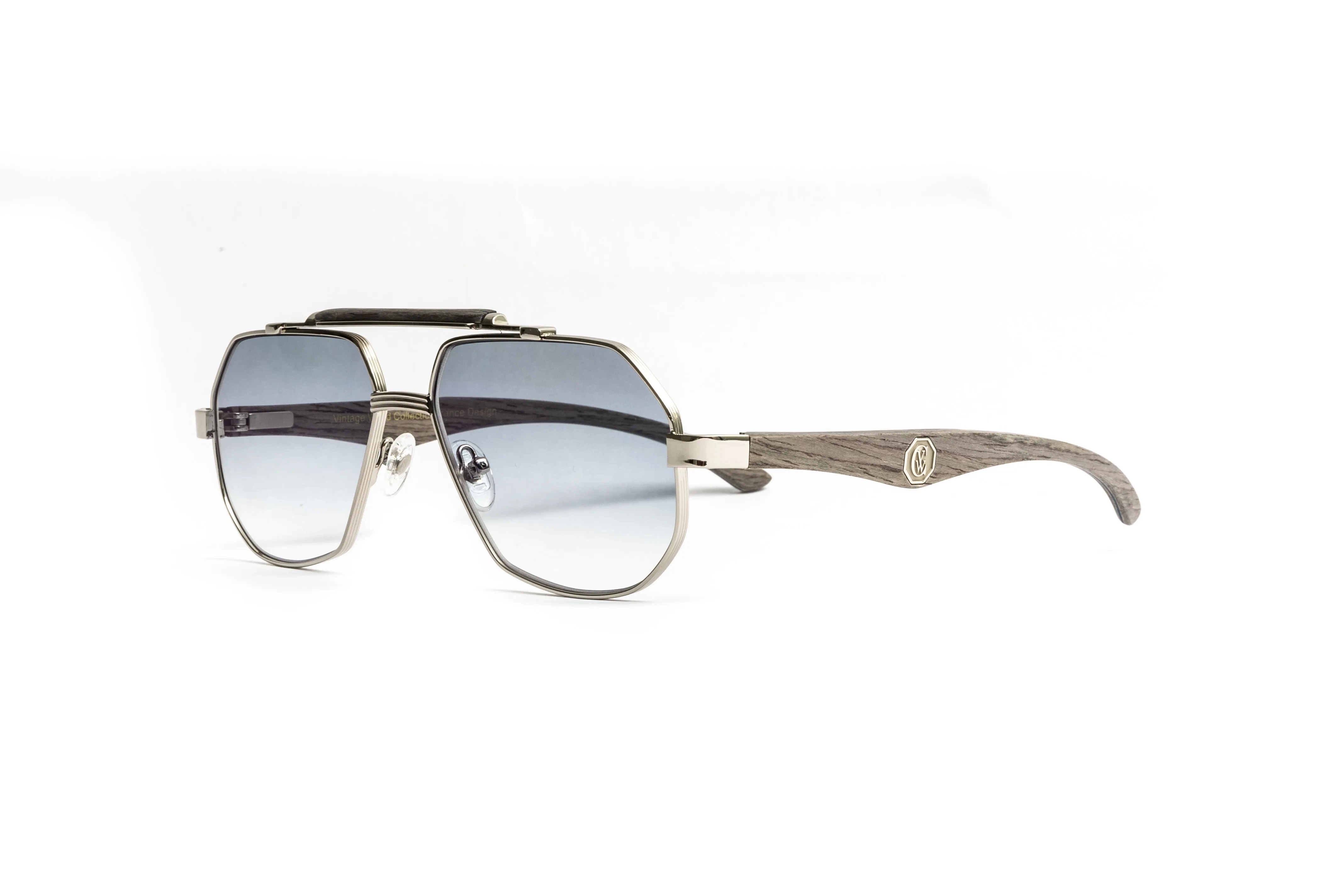 MACH 3 Silver & Grey Wood Aviator Sunglasses, Gradient Grey Lenses