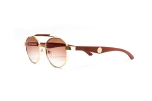 MACH 4 18KT Gold & Brown Wood Round Aviator Sunglasses, Gradient Brown Lenses