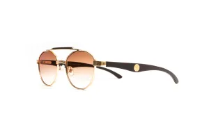 MACH 4 18KT Gold & Dark Brown Wood Round Aviator Sunglasses, Gradient Brown Lenses