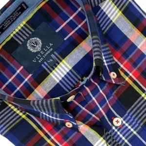 Madras Cotton Button-Down: Red Plaid Short Sleeve for Men