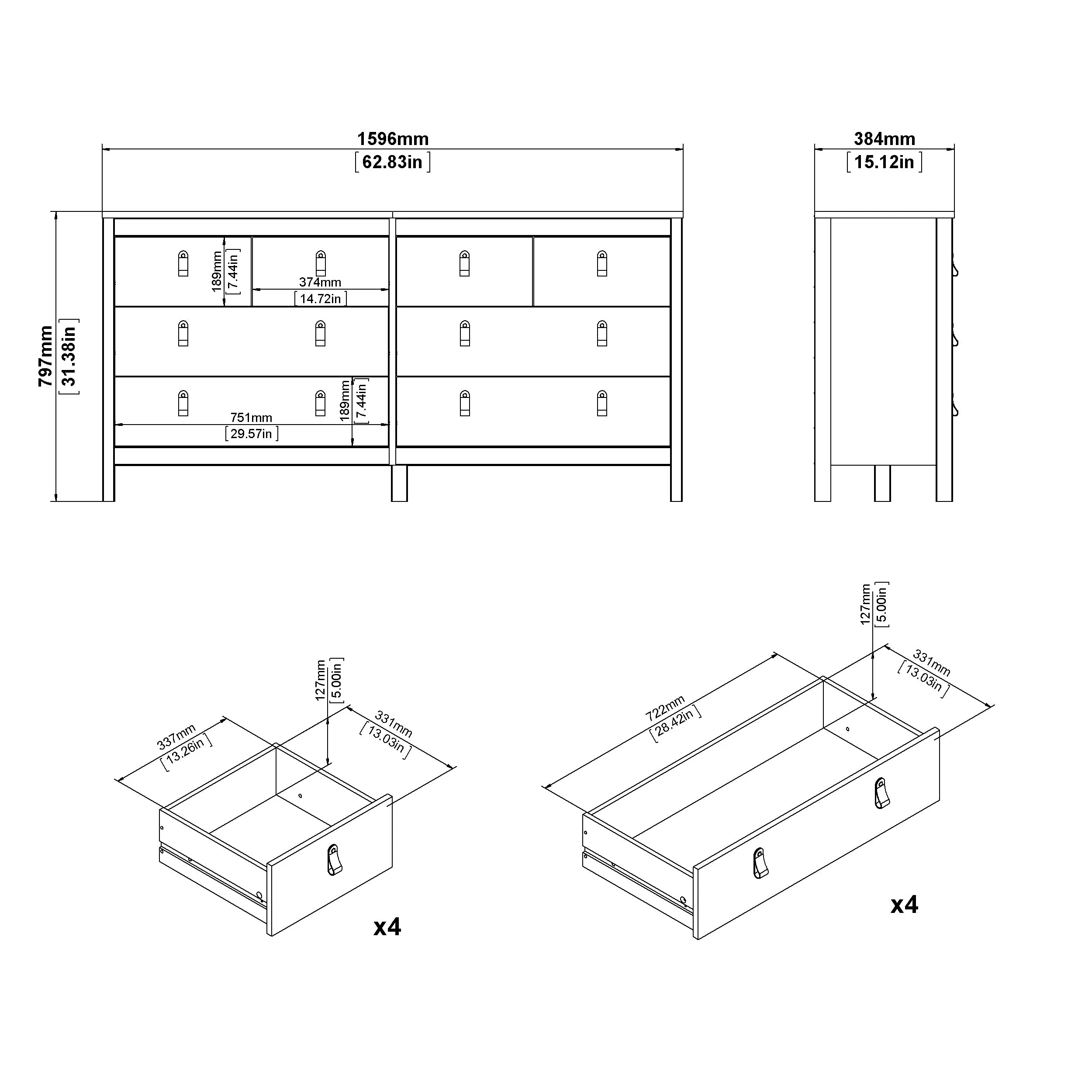 Madrid Double Dresser 4 4 Drawers - Black