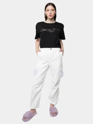 MADRID - White Cargo Pants with Lilac Marabou Feathers