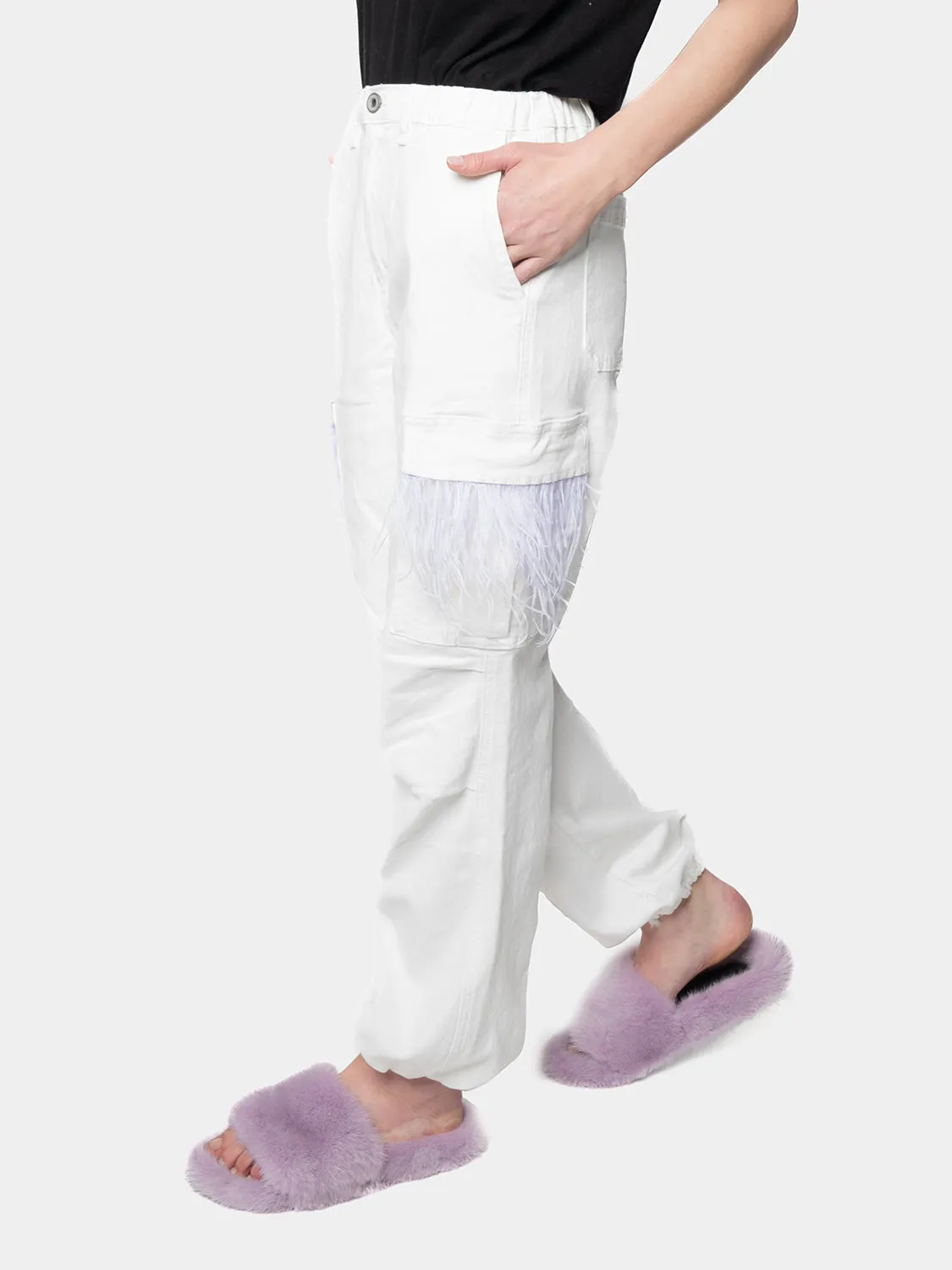 MADRID - White Cargo Pants with Lilac Marabou Feathers