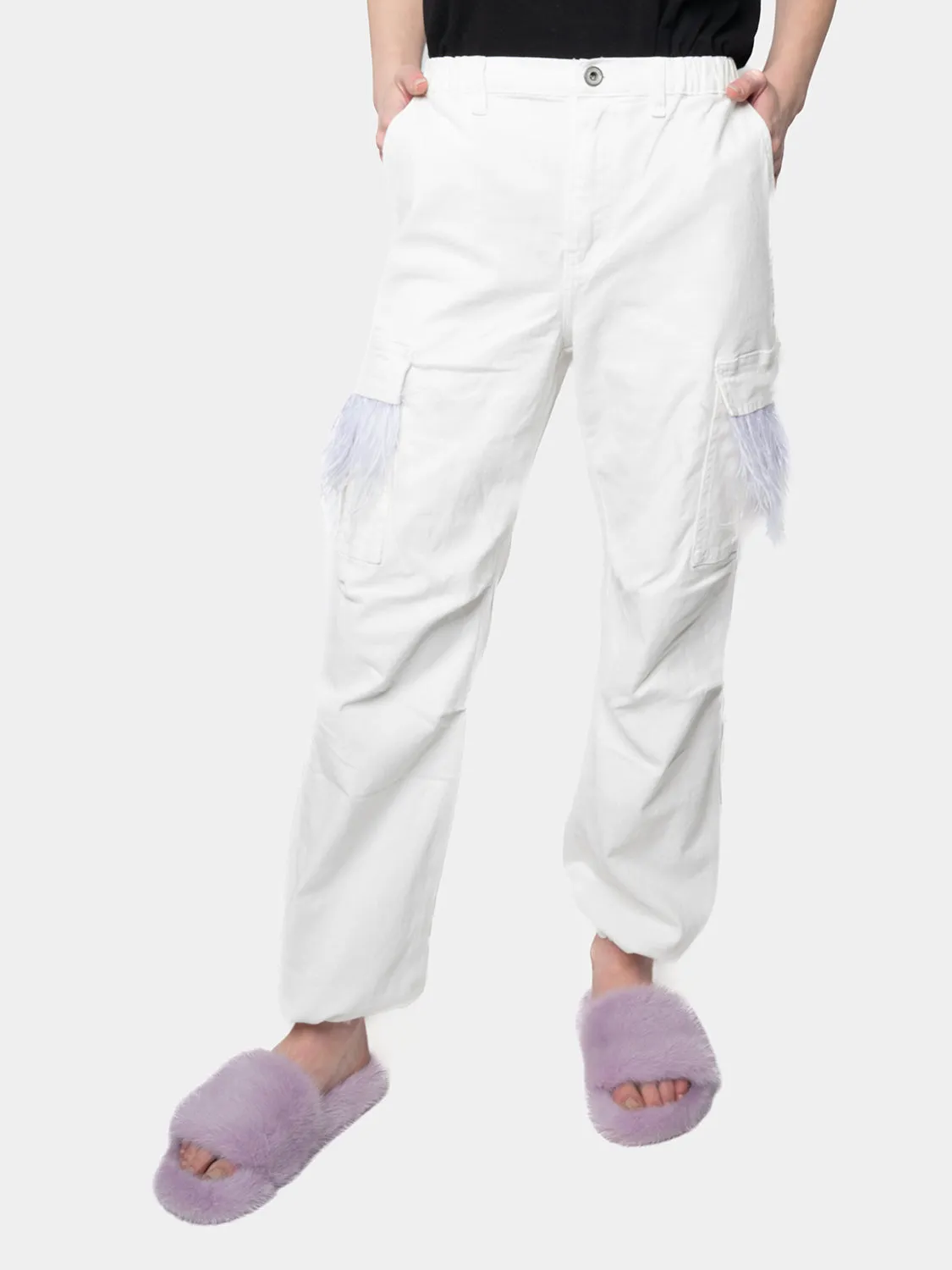 MADRID - White Cargo Pants with Lilac Marabou Feathers