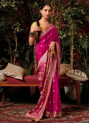 Magenta And Yellow Floral Viscose Silk Saree