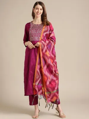 Magenta Floral Zari Embroidery Kurta Trouser Set With Art Silk Dupatta