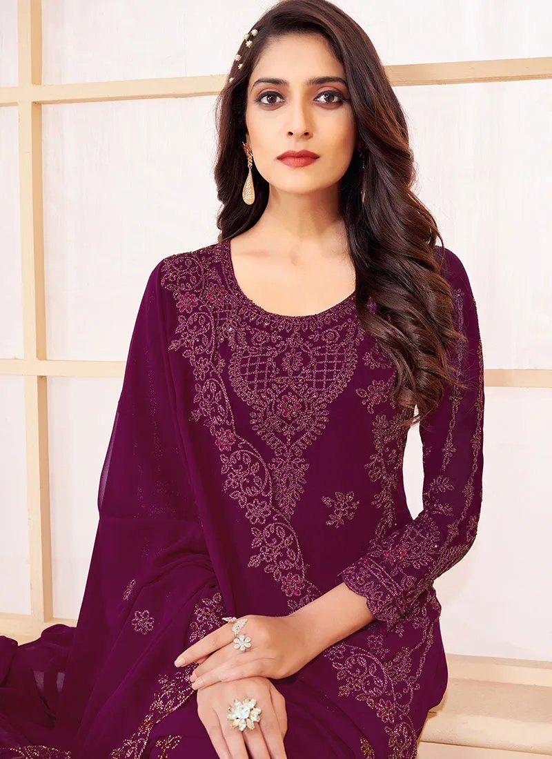 Magenta Georgette Embroidered Eid Salwar Kameez