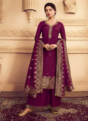 Magenta Golden Embroidered Designer Palazzo Suit