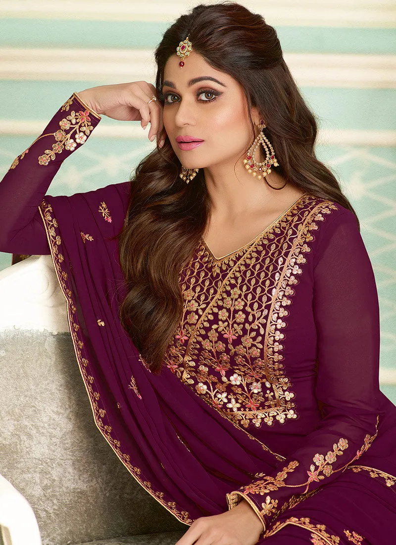 Magenta Golden Embroidered Sharara Style Suit