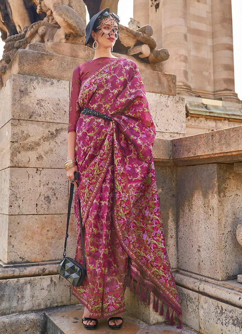 Magenta Handloom Woven Floral Printed Silk Saree