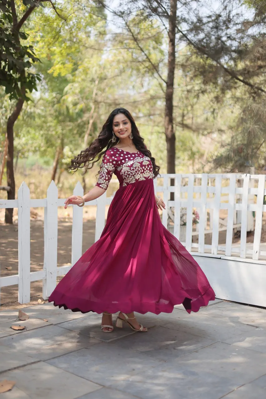 Magenta Luxury Faux Blooming Designer Gown with Zari & Sequins Embroidery