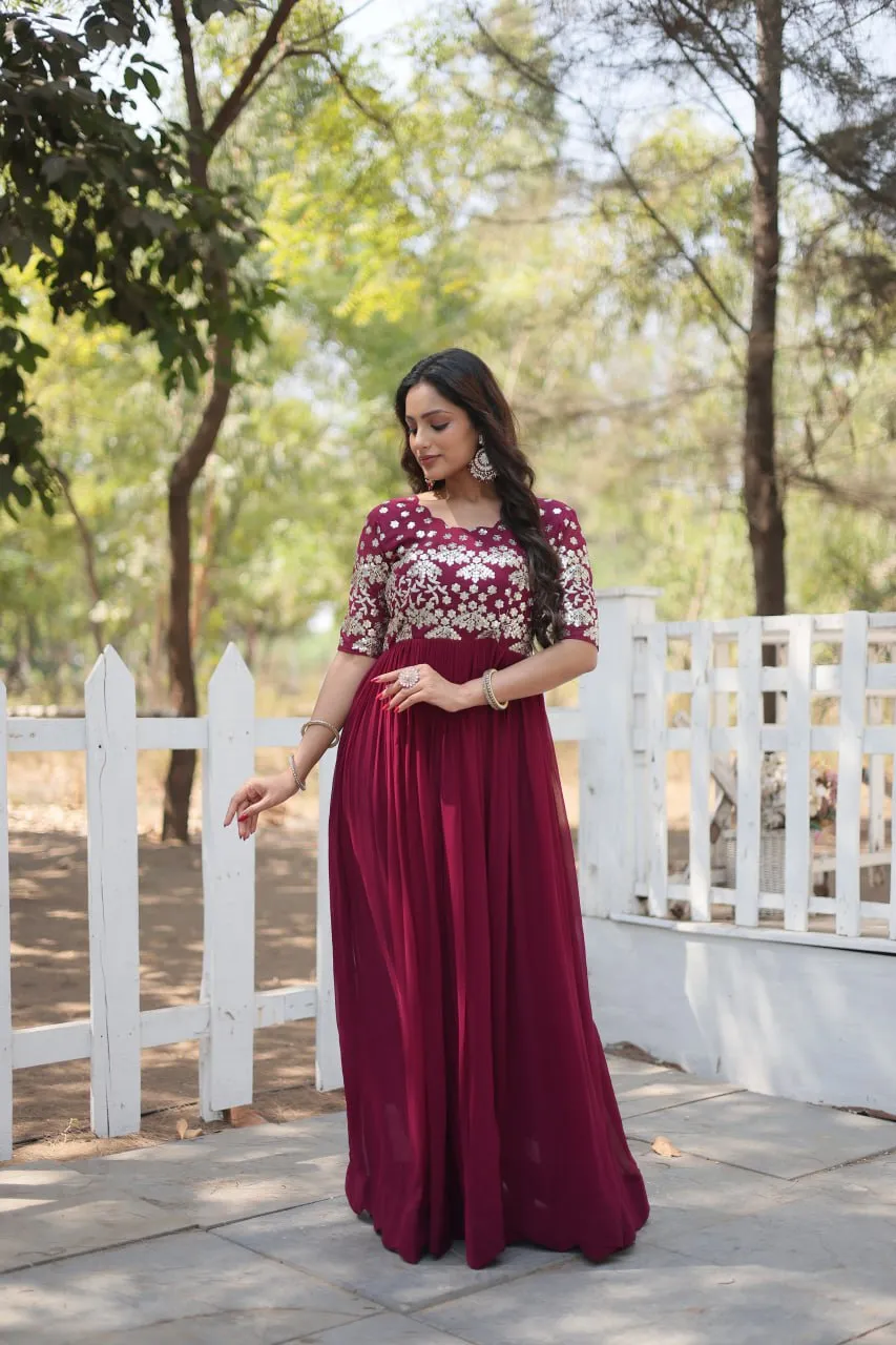 Magenta Luxury Faux Blooming Designer Gown with Zari & Sequins Embroidery