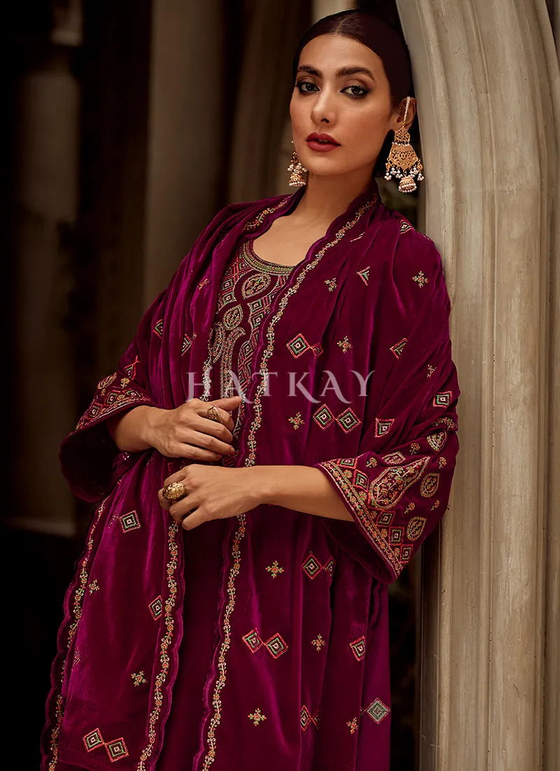 Magenta Maroon Embroidered Velvet Pant Suit