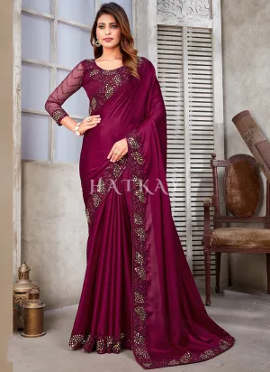 Magenta Mirror Work Embroidery Satin Silk Saree