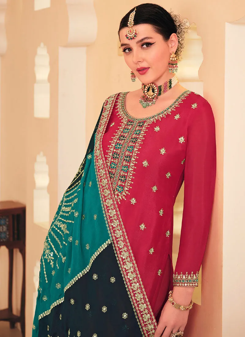 Magenta Multicolored Embroidery Straight Cut Salwar Kameez