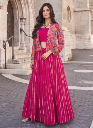 Magenta Pink Floral Embroidered Jacket Style Lehenga