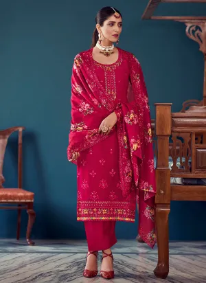 Magenta Pink Multi Floral Embroidery Pant Style Suit