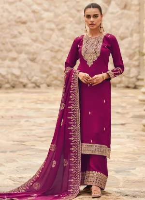 Magenta Pink Traditional Embroidery Palazzo Style Suit