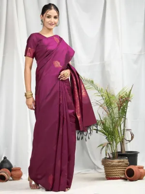 Magenta Purple Leaf Soft Silk  Saree