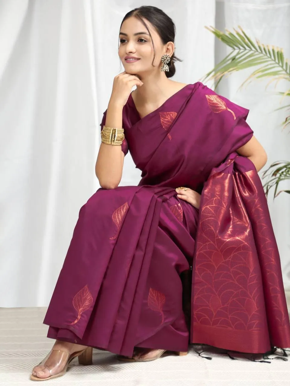 Magenta Purple Leaf Soft Silk  Saree