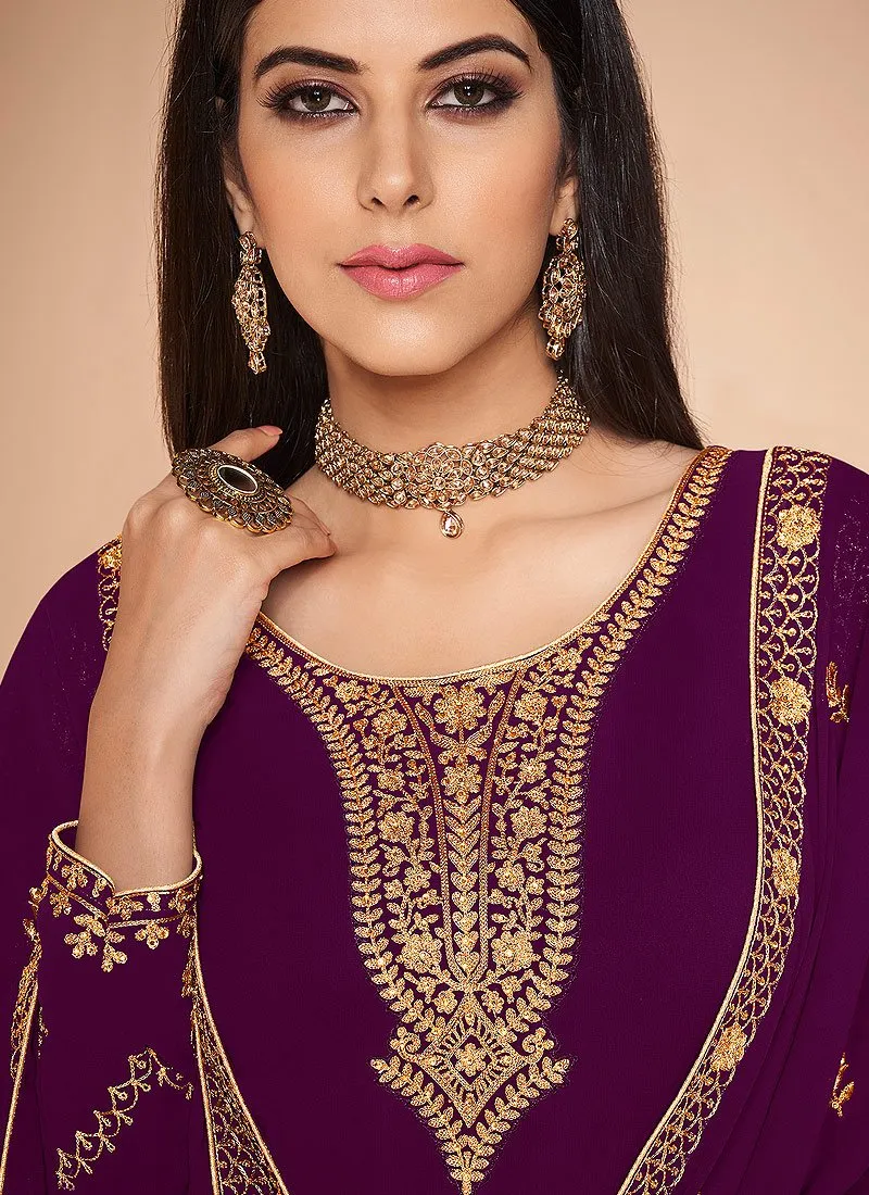 Magenta Purple Multi Embroidered Churidar Suit