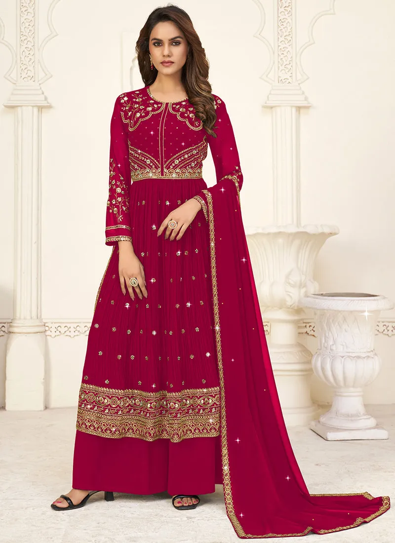 Magenta Sequence Embroidery Festive Palazzo Suit