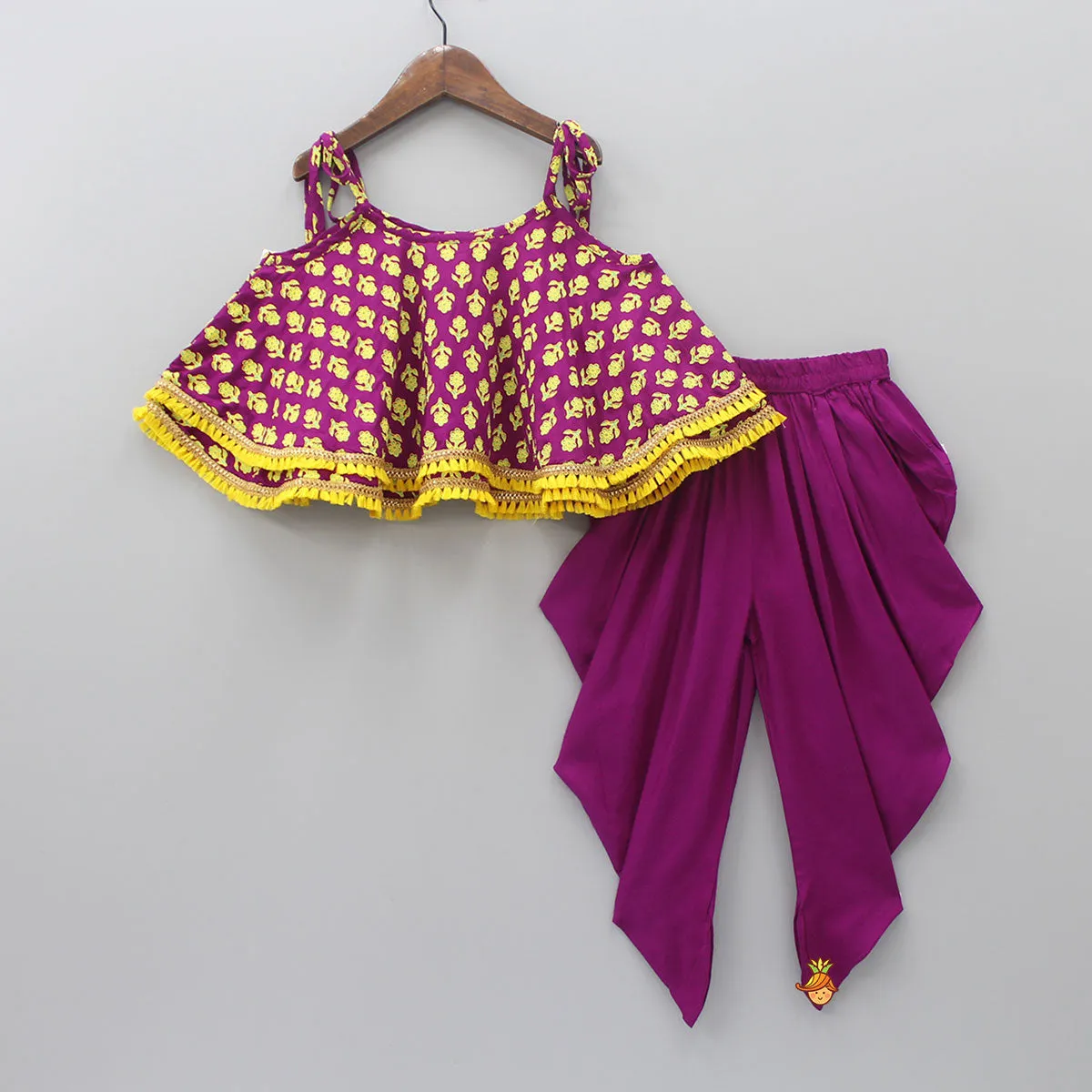 Magenta Stylish Printed Lace Work Top And Dhoti With Matching Sling Bag