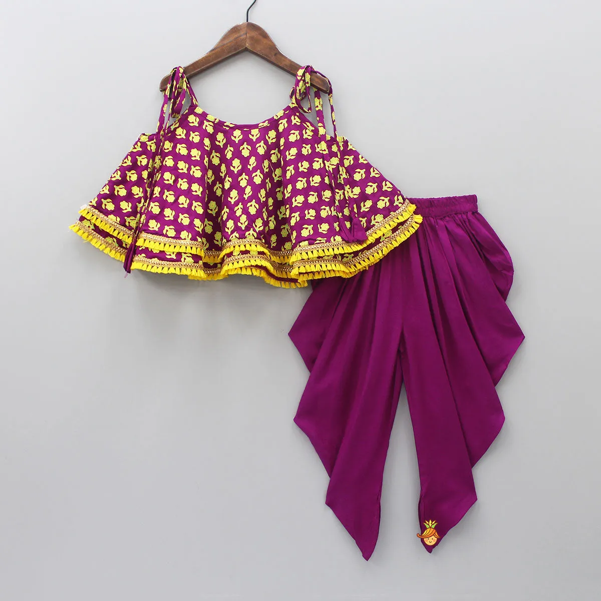 Magenta Stylish Printed Lace Work Top And Dhoti With Matching Sling Bag