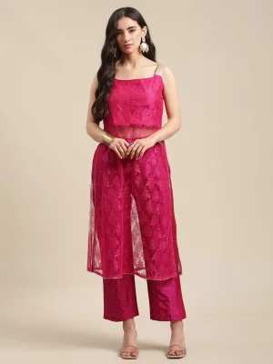 Magenta Sweatheart Neckline Shape Net Strap Straight Kurta With Flared Sharara