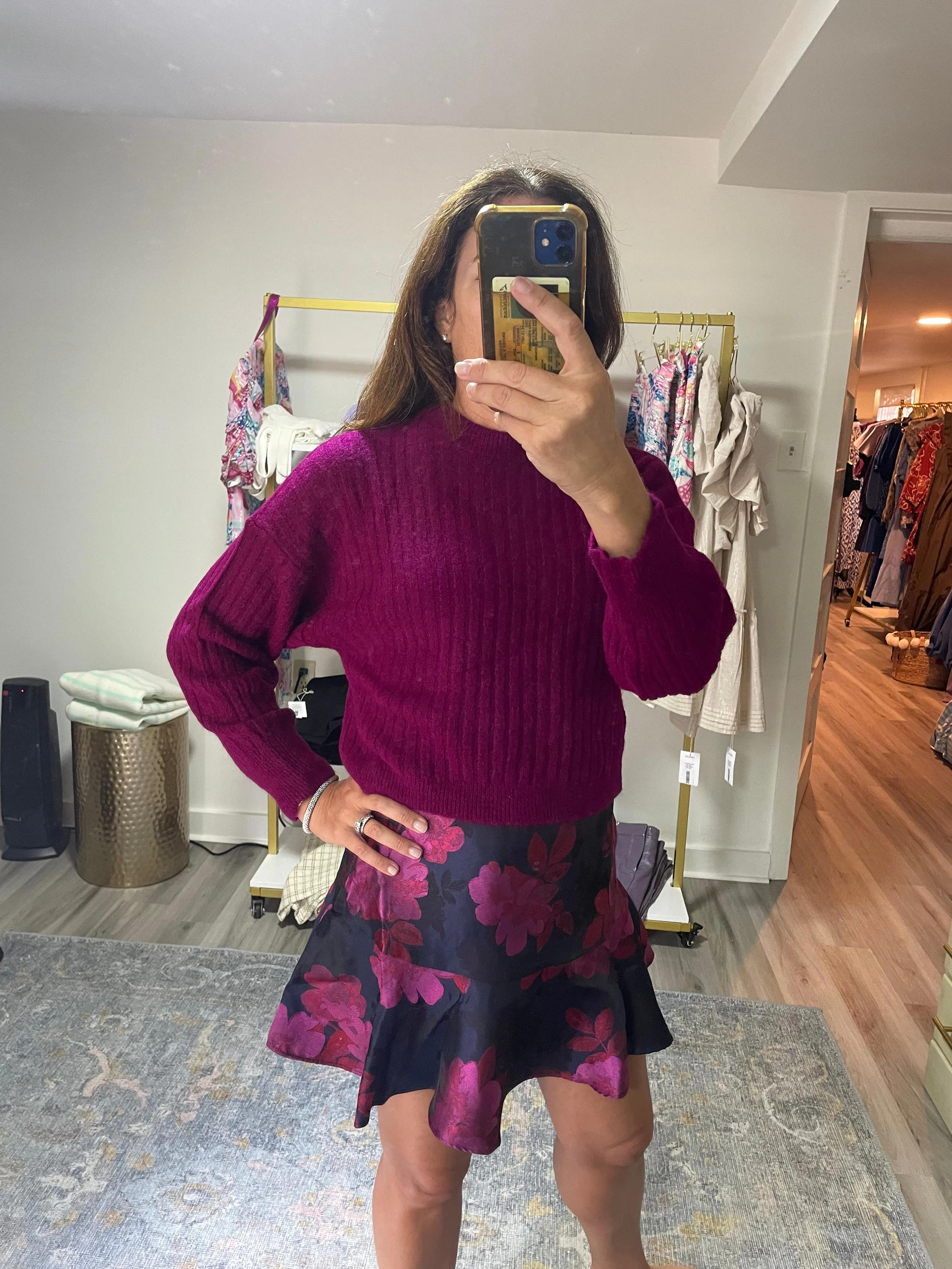 Magenta Textured Crew Neck Sweater