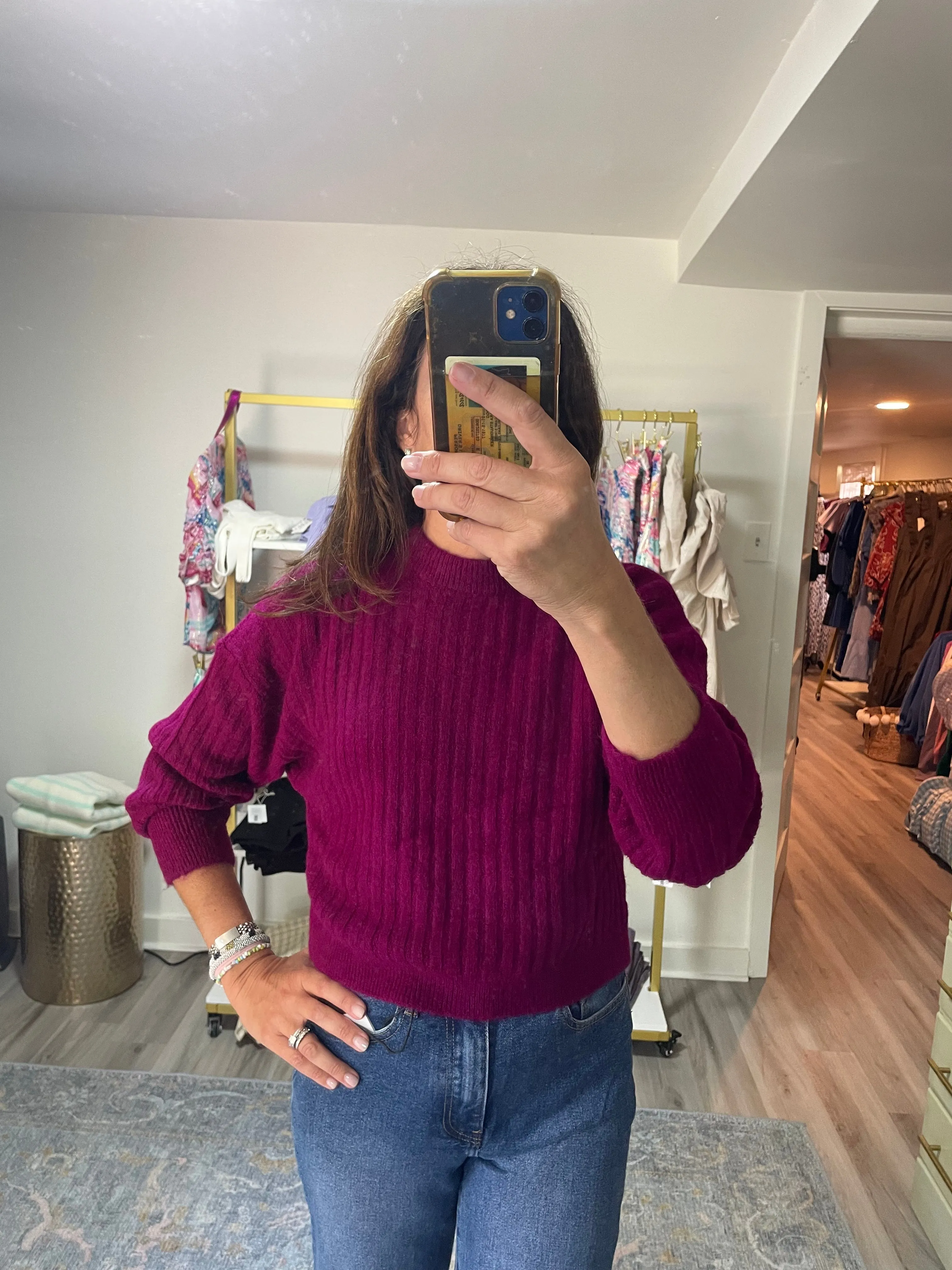 Magenta Textured Crew Neck Sweater