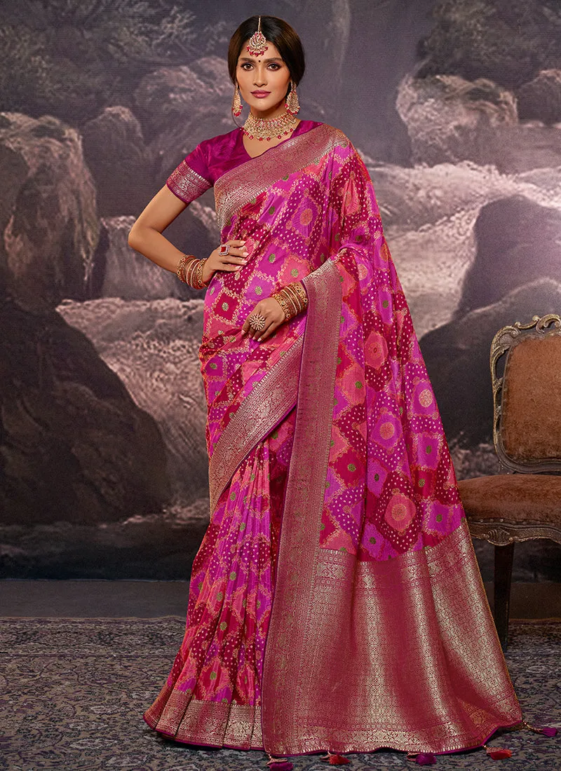 Magenta Weaved And Printed Traditional Jacquard Silk Saree