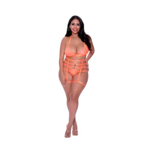 Magic Silk Rude Awakening Bralette, Thigh High Garter & Cheeky Panty Set Neon Orange Queen Size