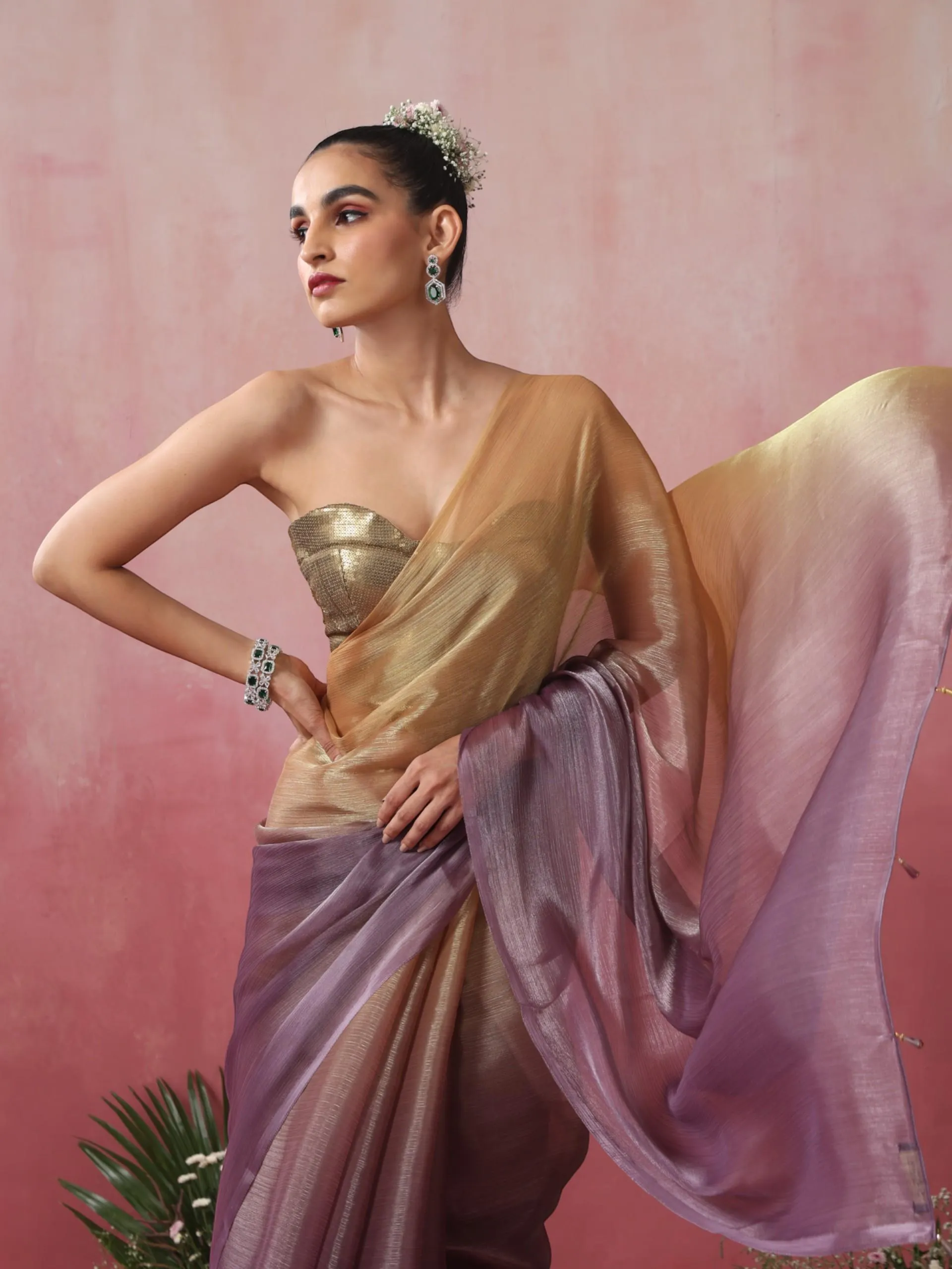 Magnet Gold and Purple Ombre' Organza Saree