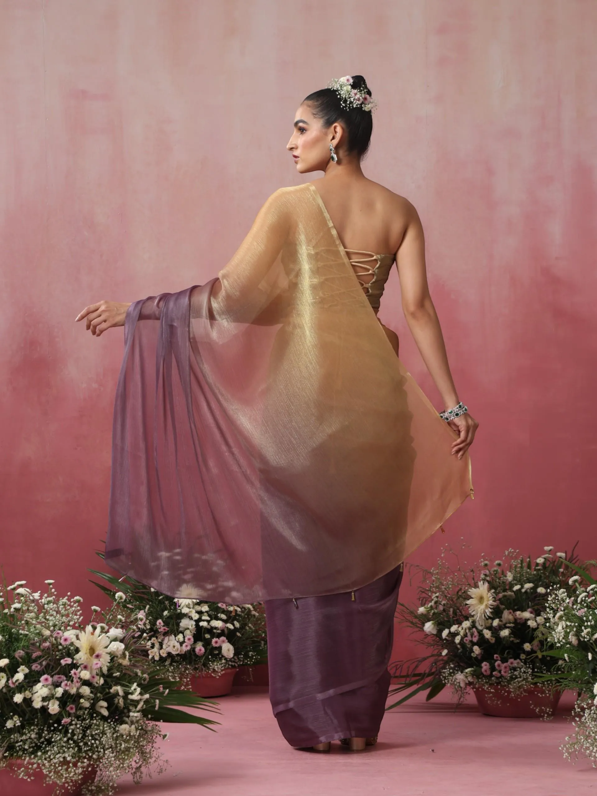 Magnet Gold and Purple Ombre' Organza Saree