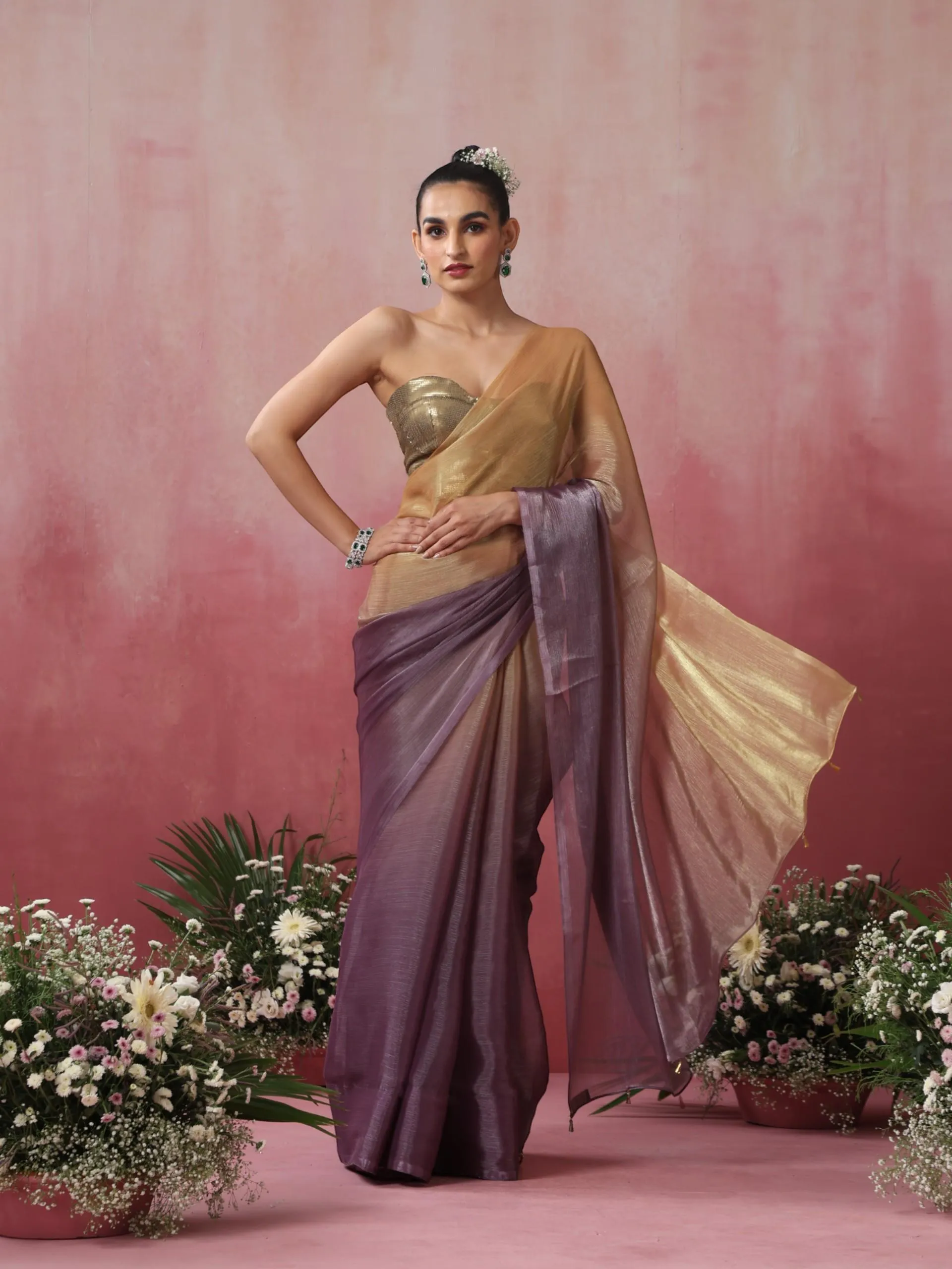 Magnet Gold and Purple Ombre' Organza Saree