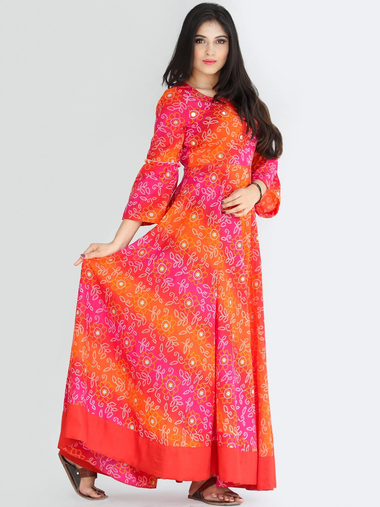 Maher - Pink Orange Bandhani Printed Urave Cut Long Mirror Work Dress  - D381F2238