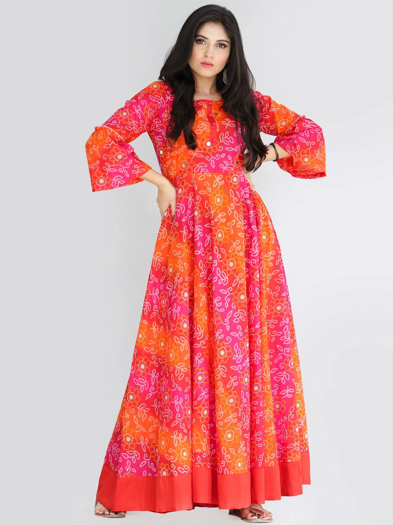 Maher - Pink Orange Bandhani Printed Urave Cut Long Mirror Work Dress  - D381F2238